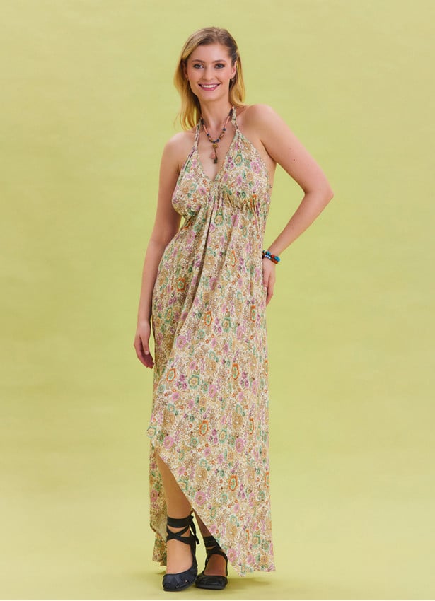 V Neck Backless Halter Neck Beige Floral Dress 4656